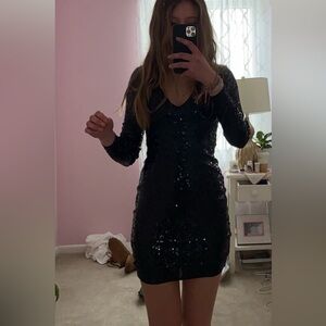 Express Black Sequin Long Sleeve Dress
